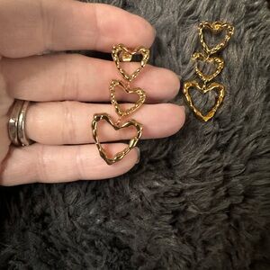 Triple Heart hammered 18kt plated Gold Drop statement pierced Earrings